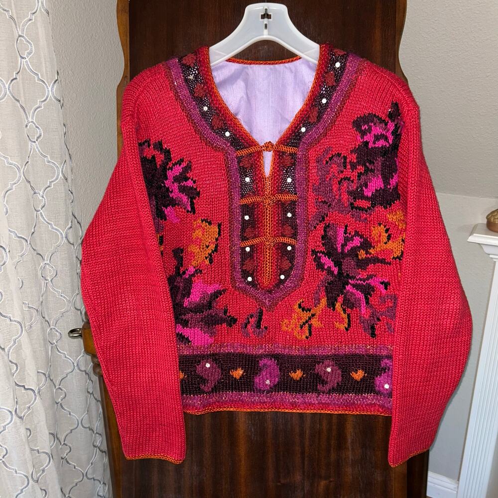 CAROLE LITTLE KNITWEAR Large PULLOVER SWEATER MOHAIR WOOL BLEND red floral